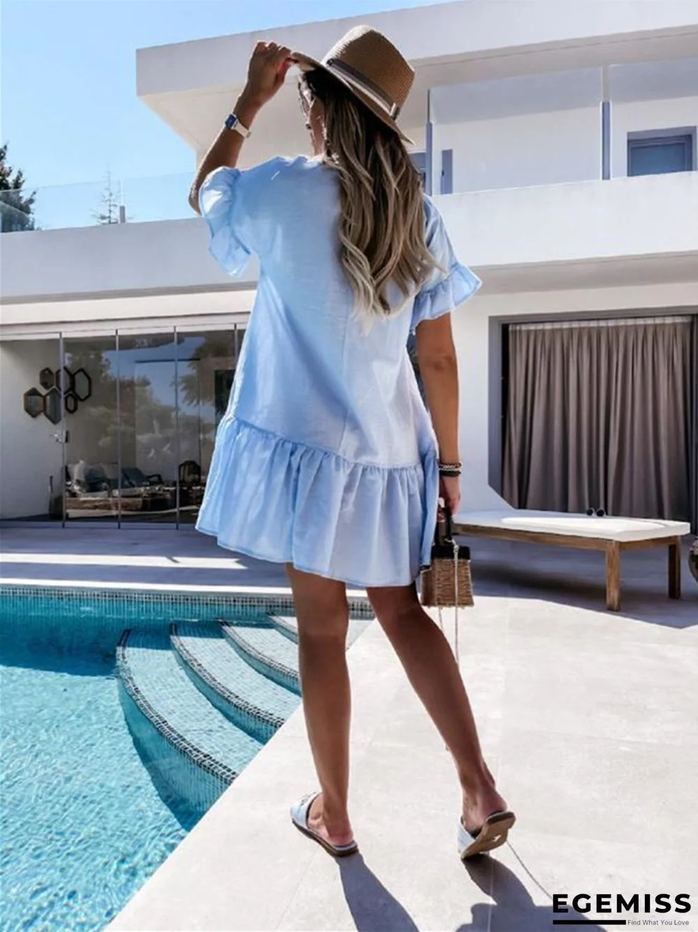 Casual Loose Fashion V-neck Ruffle Sleeve Hanging Beard Pleated Dress Women's White Dresses | EGEMISS