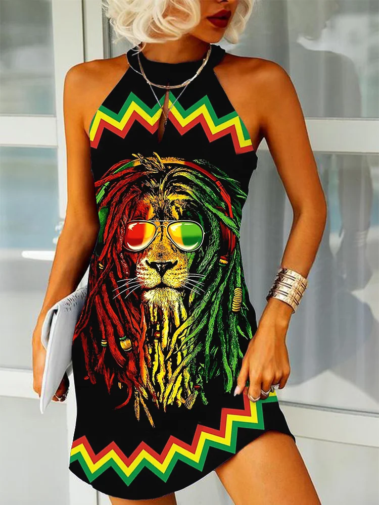 Wearshes Reggae Lion Rasta Stripe Print Mini Dress