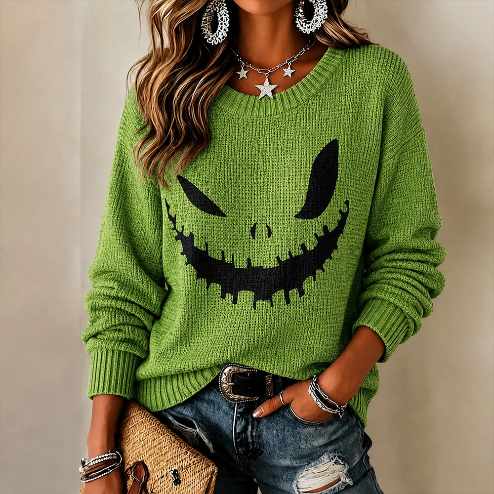 Comstylish Women's Halloween Pumpkin Ghost Face Art Casual Crewneck Sweater
