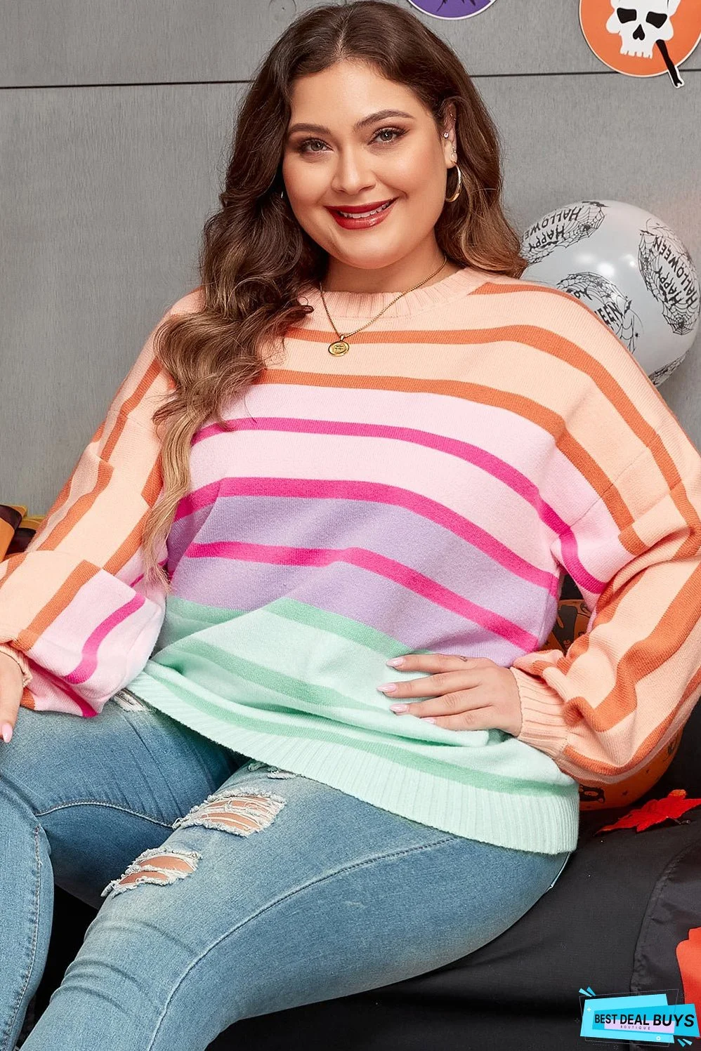Balloon Sleeve Crewneck Plus Size Sweater