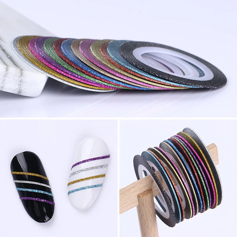 12 Rolls 2mm Matte Glitter Nail Striping Tape Line Rainbow Multi Color Styling Tool Sticker Decal  DIY Decoration-Nail Inspo