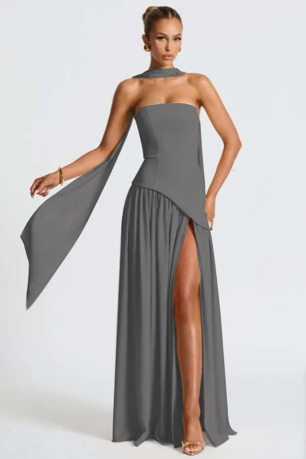 Light Yellow Fashion Split Strapless Summer Prom Dress With Scarf ZT0800