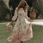 Women's Vintage Pink Rose Art Flowy Maxi Dress - Image 2
