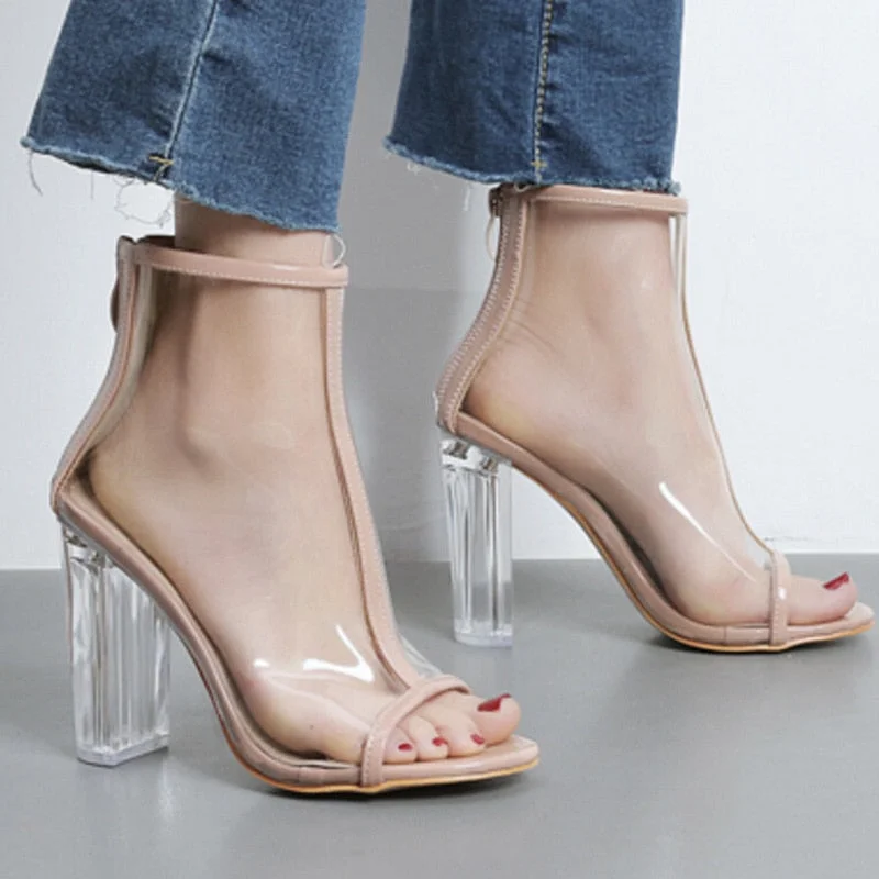 Vstacam  Summer Women Sandals PU Transparent ZIP Square Heel 11CM High Heels Pumps Lady Sandal Woman Shoes