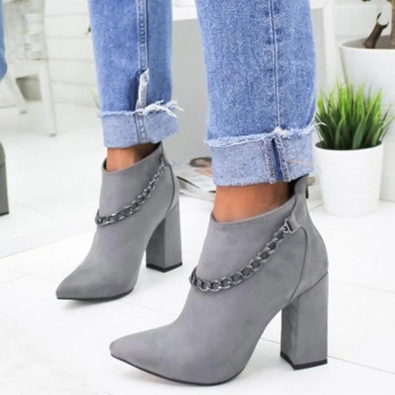 Woman Boots Pointed High Heels Shoes Solid Color Leather Ankle Boots Female Boots Fashion Thick Heel Back Zipper Women Shoes 1213-1