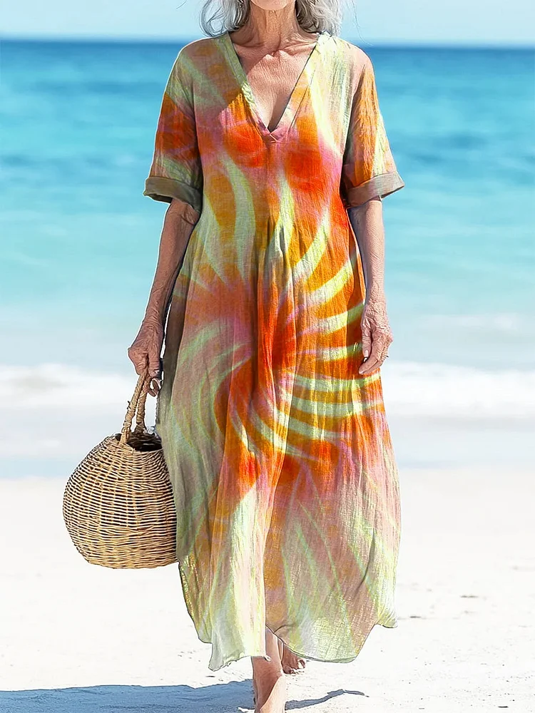 Retro Marine Art Printed V-Neck Vintage Loose Long Sleeves Midi Dress