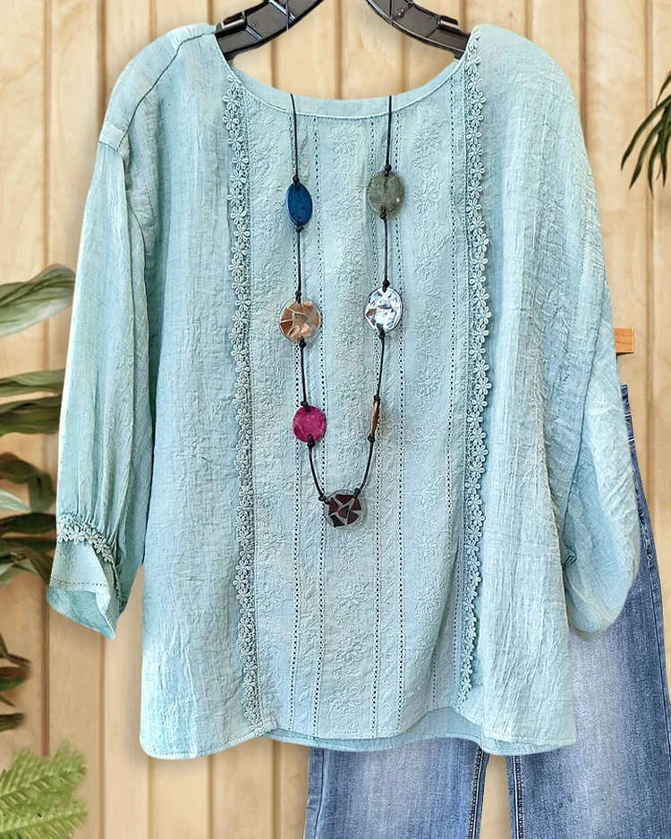 Solid Color Floral Embroidery Versatile Round Neck Blouse
