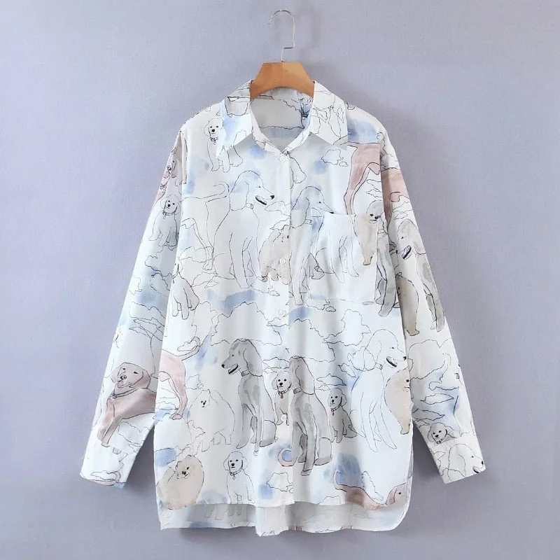 Women Dog Print Single Pocket Loose Shirts Female Long Sleeve Blouses Casual Lady Turndown Collar Tops Blusas S8275