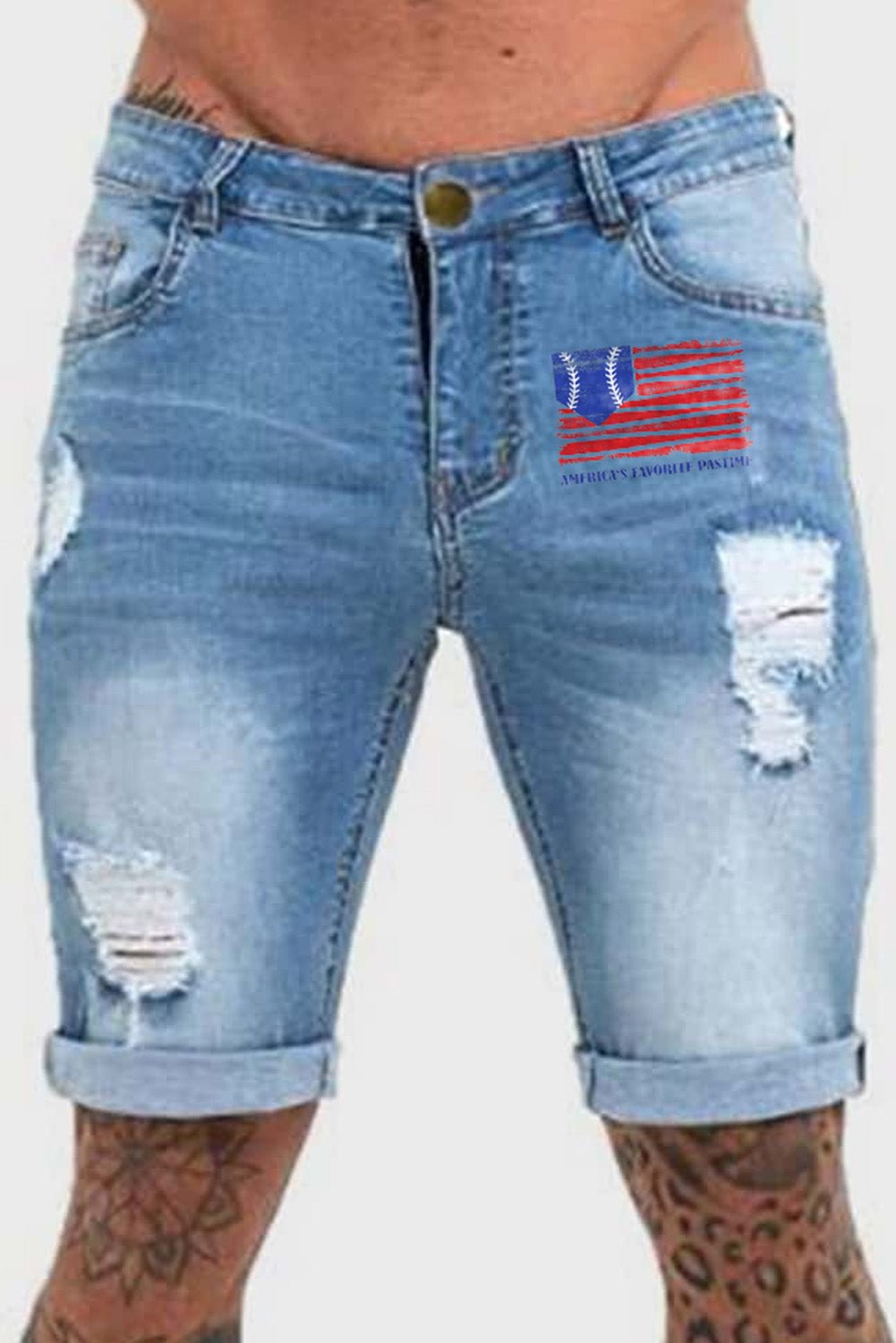 American Flag Print Rolled Hem Ripped Skinny Denim Shorts