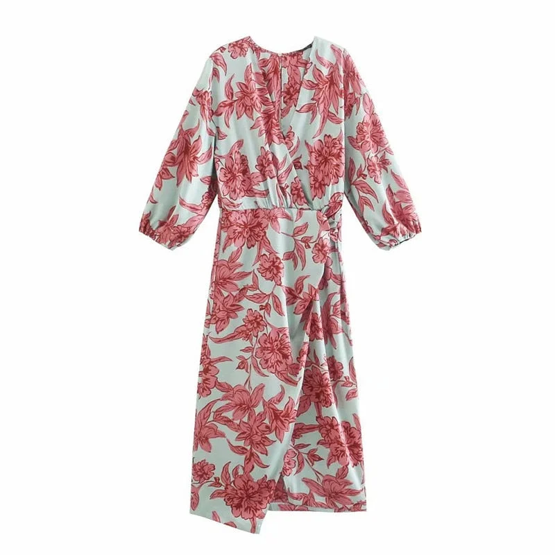 ZA Print Wrap Midi Dress Women Elegant Long Sleeve Gathered Front Knot Dresses Female Chic Split Vintage Ruched Summer Vestidos