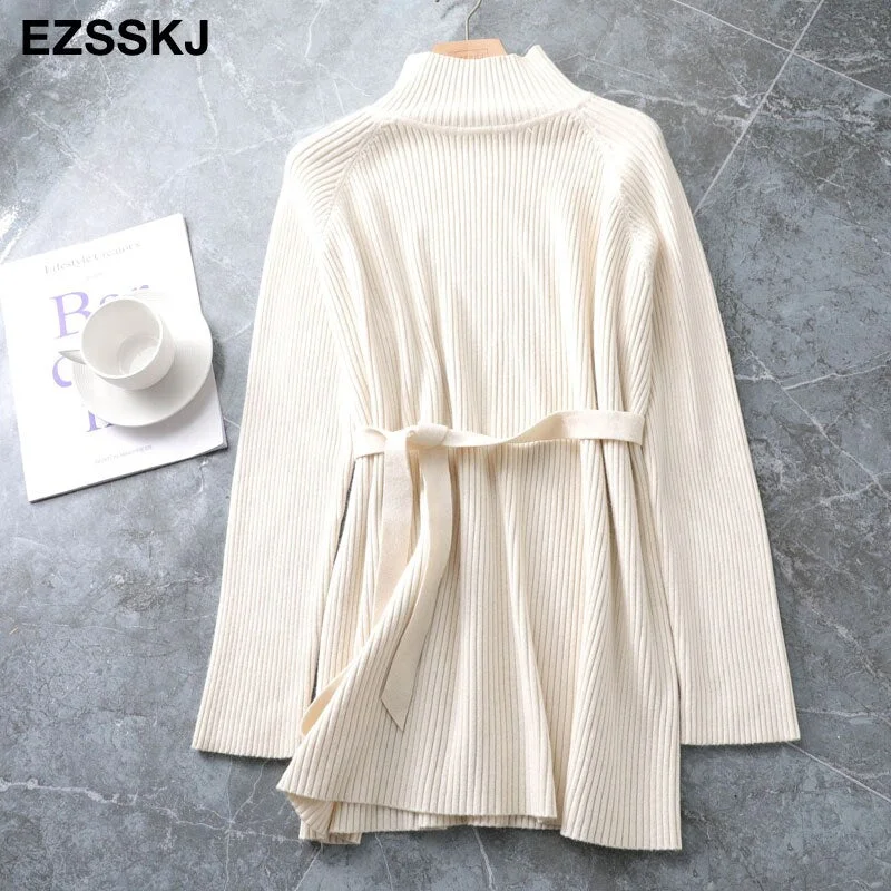 thick warm chic oversize Sweater Pullover Women  winter autumn Female 2021 sweater loose long sleeve casual sweater with sash