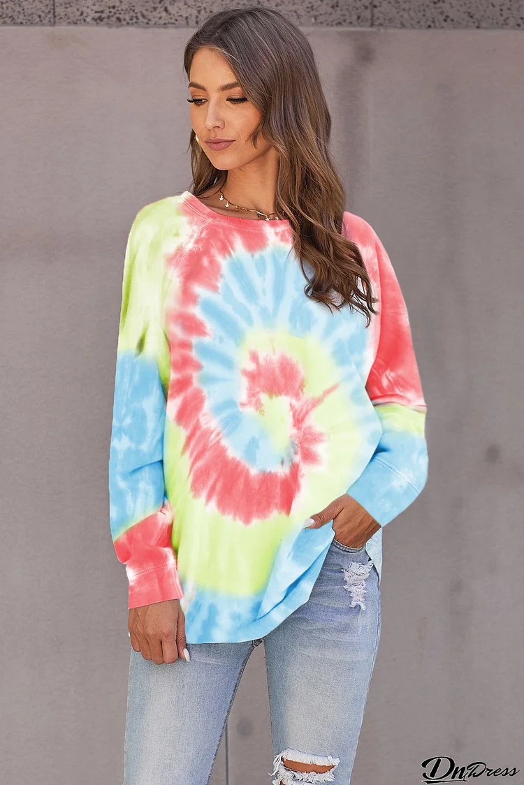 Pink Blue Ombre Tie Dye Loose Leisure Sweatshirt