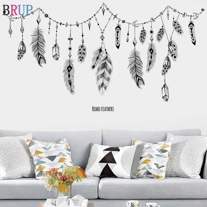 170*90cm Black Feather Wall Sticker Creative Nordic Art Home Decor PVC Vinyl Wall Decals Large Size Room Decoration Removable