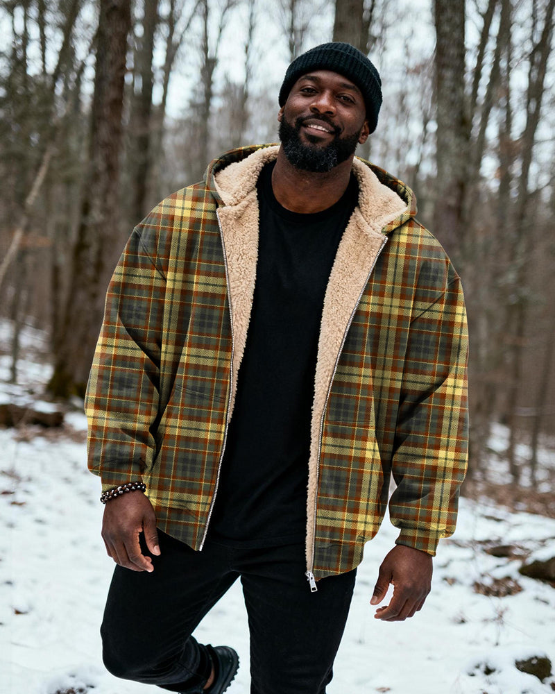 Big & Tall Men's Vintage Yellow Plaid Print Velvet Thickened Zip Cardigan Hoodie