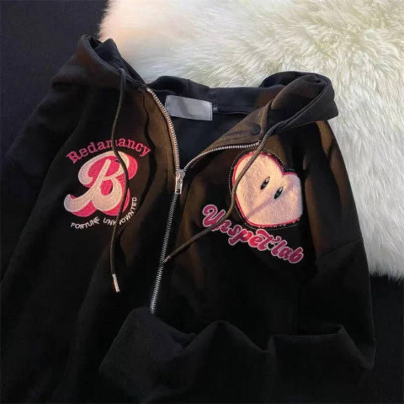 Toloer Women Letter Embroidery Hoodies Autumn Winter Retro Zipper Long Sleeve Loose Jacket Coats Y2K Harajuku Casual Hooded Sweatshirts