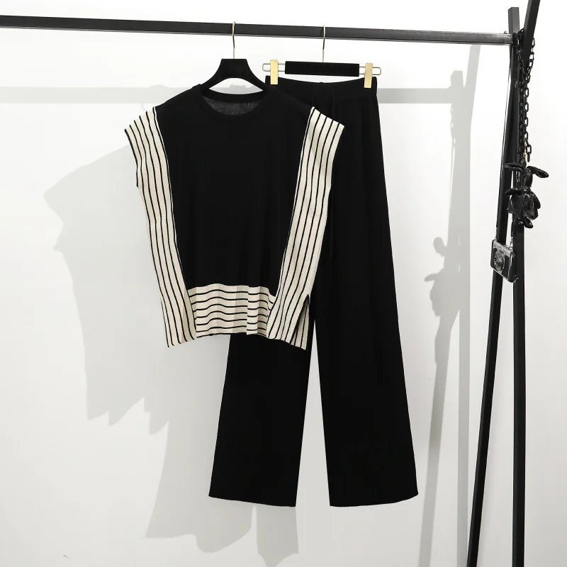 Uveng Uveng Simple Splicing Loose Short-Sleeved Knitting Top High Waist Thin Leg Pants Two Sets
