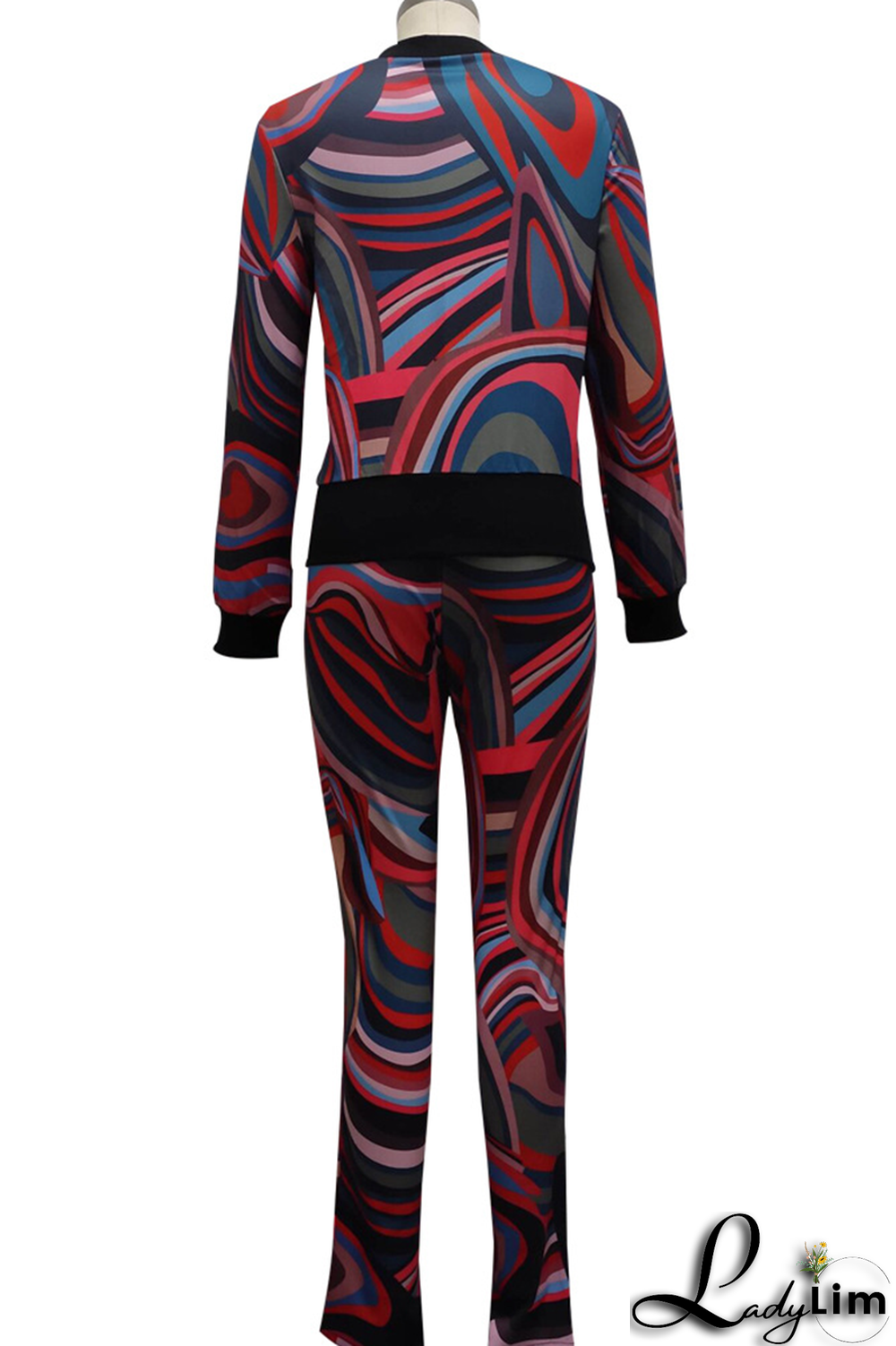 Colour Sexy Print Split Joint Zipper Collar Long Sleeve Two Pieces