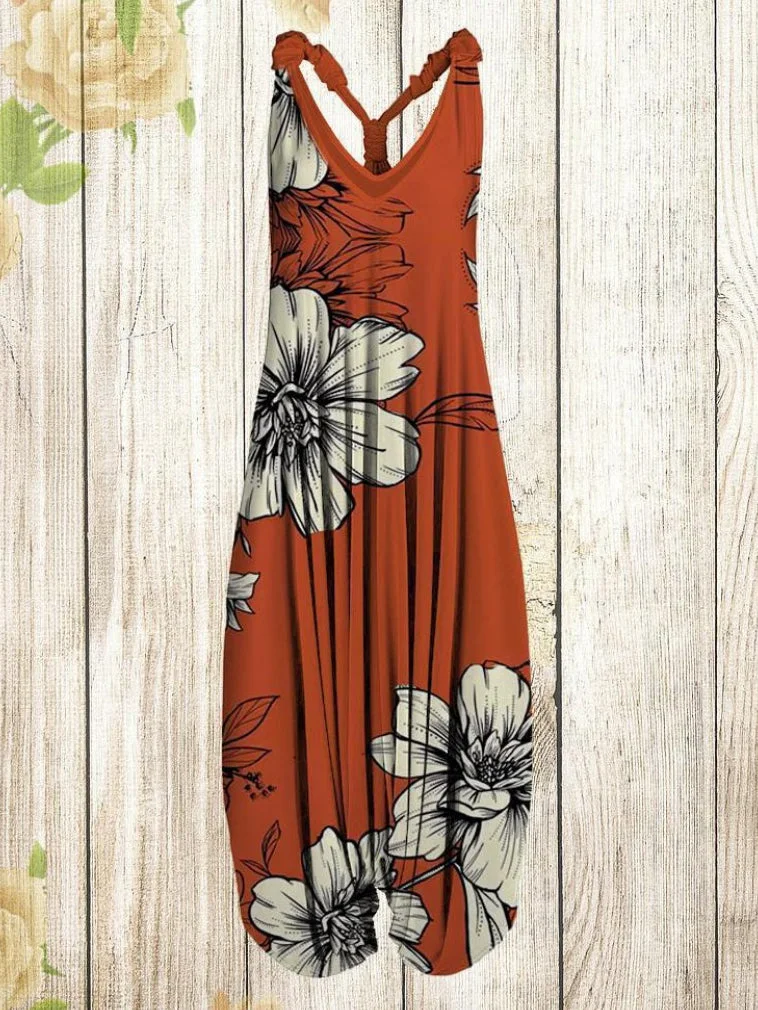 Women Vintage Flower Sleeveless Harem Jumpsuit