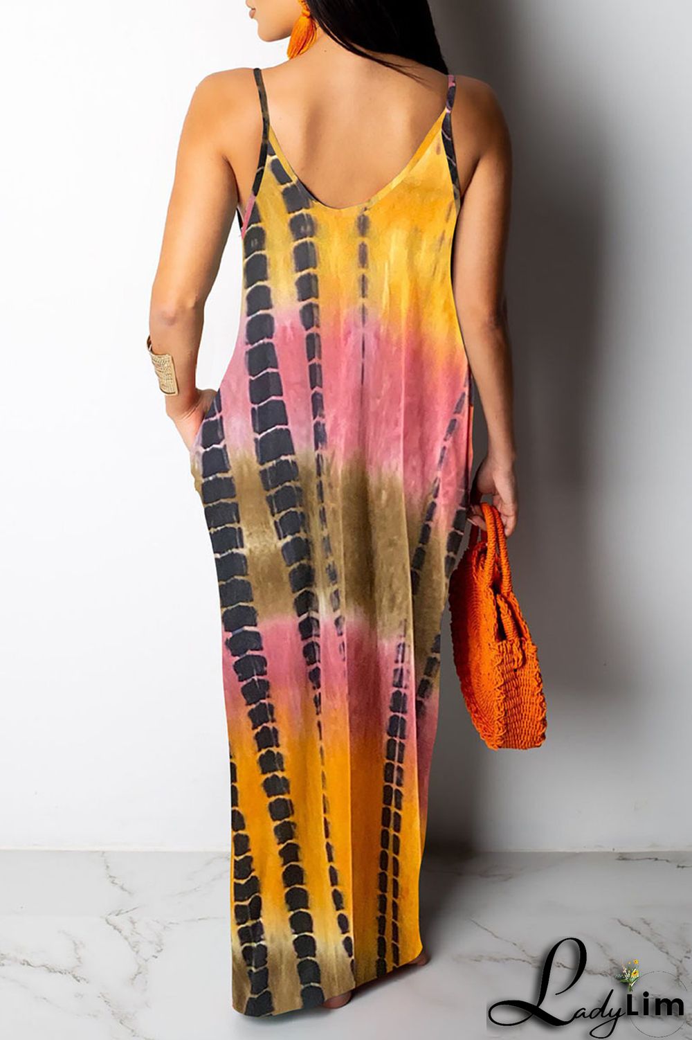 Yellow Sexy Print Patchwork Spaghetti Strap Sling Dress Dresses