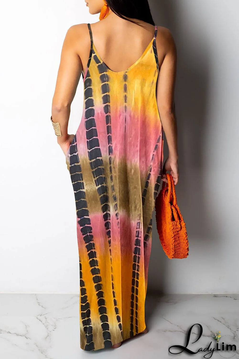 Yellow Sexy Print Patchwork Spaghetti Strap Sling Dress Dresses