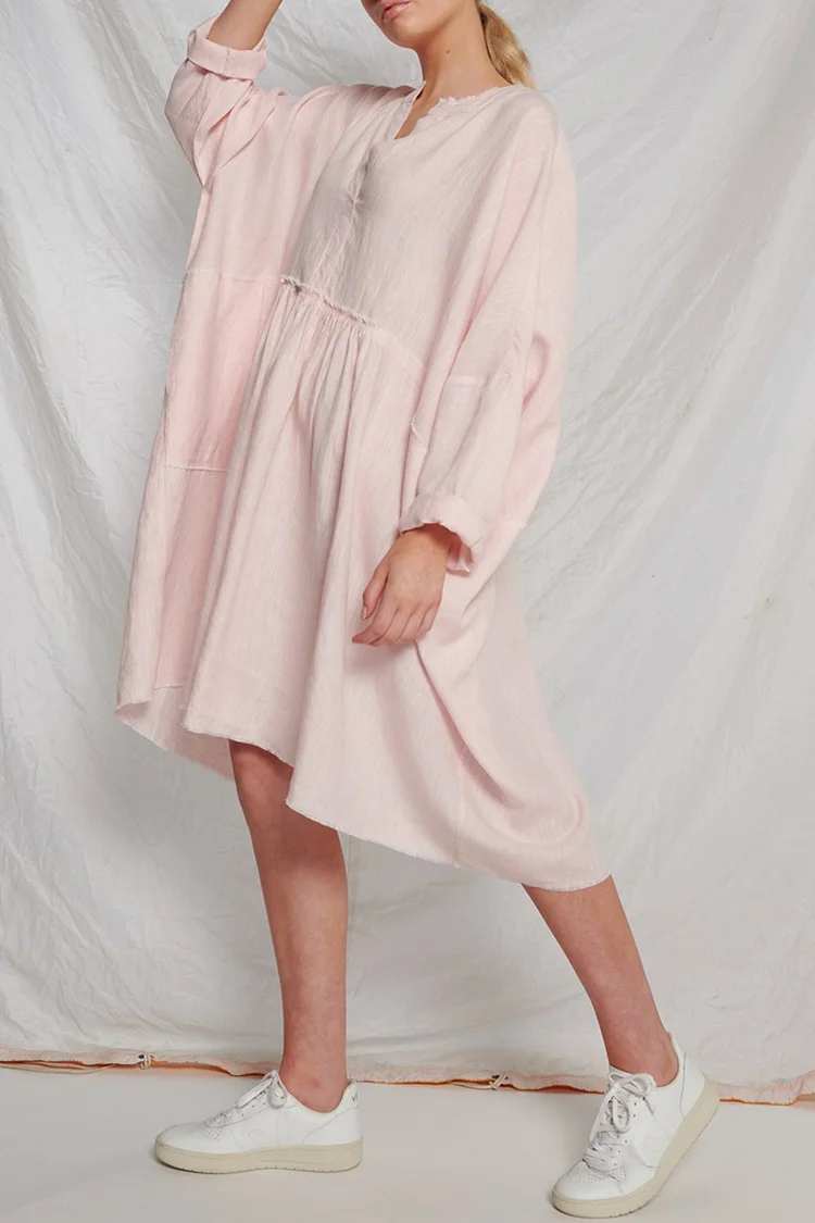 O Neck Long Sleeve Pleated Casual Linen Pink Midi Dress