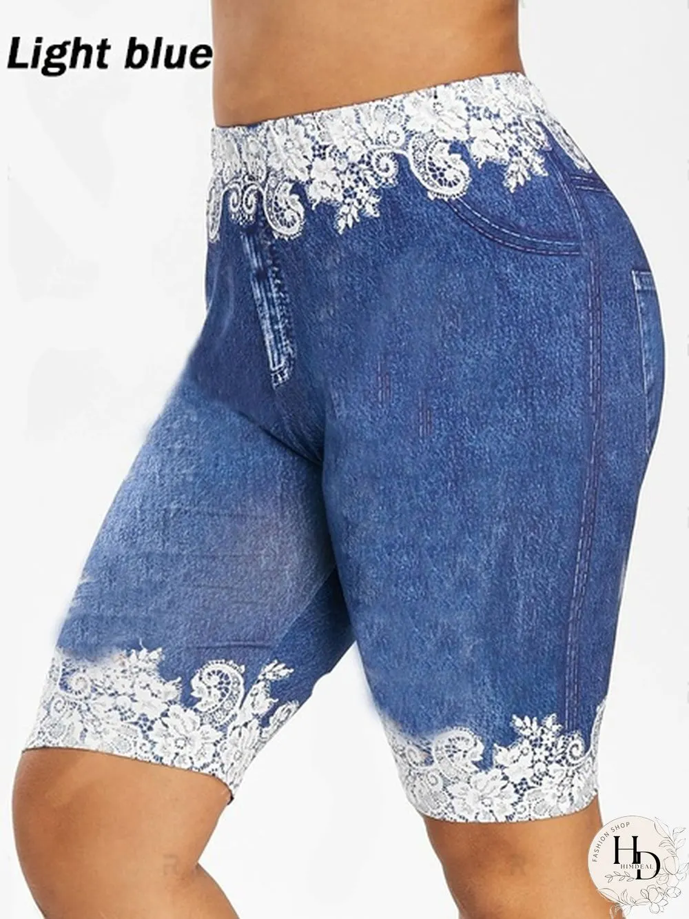 Womens Fashion New Plus Size Denim Leggings Summer Floral Printed Shorts Fitted Faux Jean