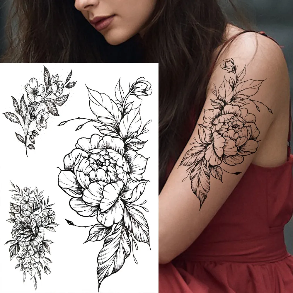 3D Flower Triangle Temporary Tattoos For Women Girl Fake Wolf Deer Geometry Tattoo Sticker Peony Dahlia Body Art Adults Tatoos
