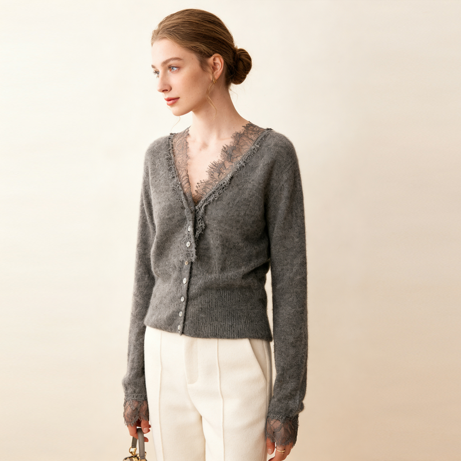 Lace Trimmed Cashmere Cardigan REAL SILK LIFE