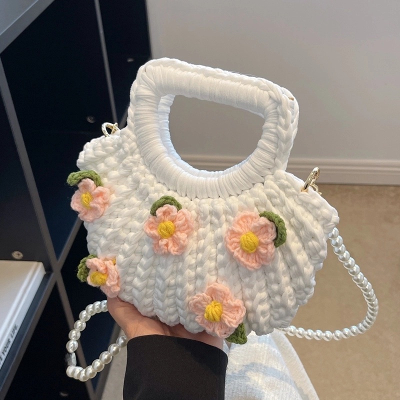 Women’s Medium Fabric Flower Cute Weave Open Crochet Bag