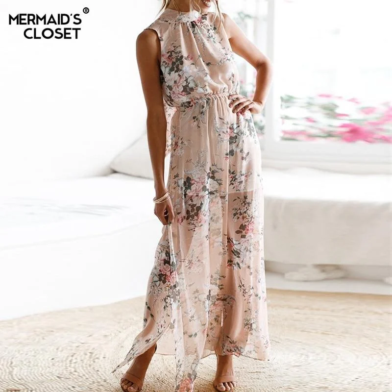2023 Summer Sleeveless Long Print Dress Women Boho Side Slit  Chiffon Floral Sundress Female Elegant Maxi Holiday Party Vestidos