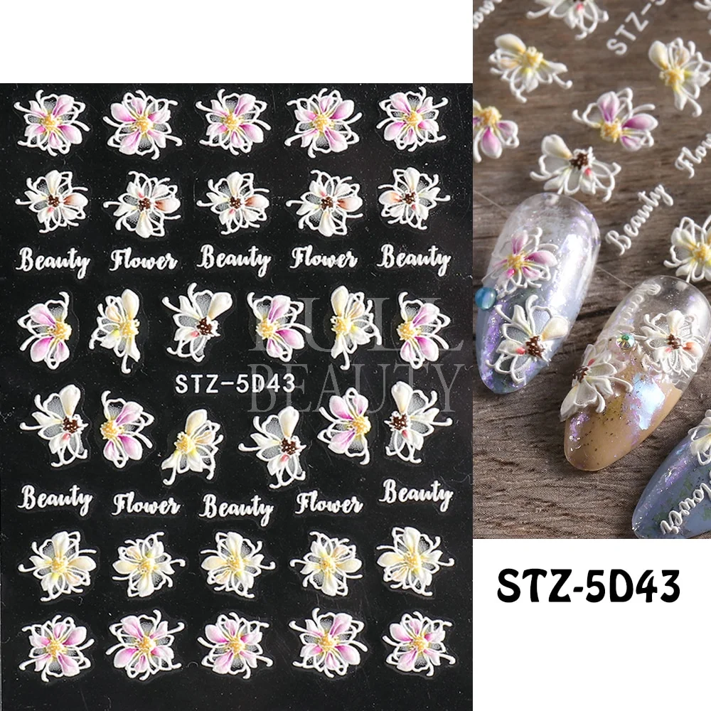 Churchf Nail Stickers Flowers Geometric Lines Decor Acrylic Embossed Sliders Gold Frame Nail Decals Cherry Blossom Manicure GLJI-5D05-Nail Inspo