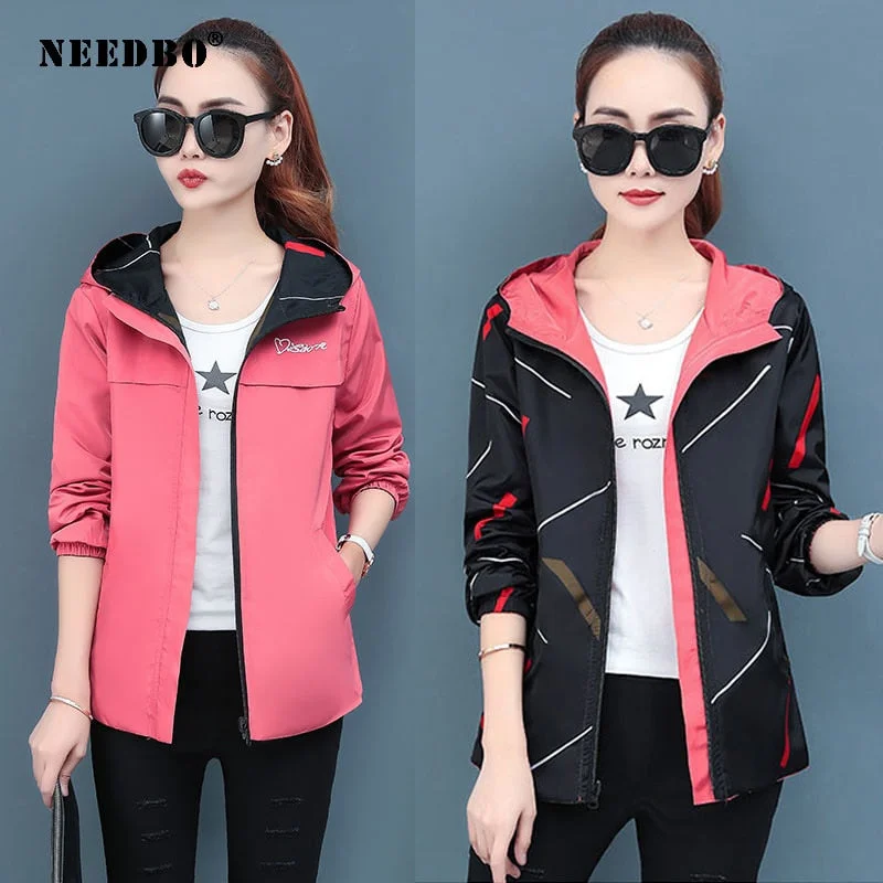 NEEDBO Women Hooded Jackets Two Side Wear Print Outwear Coat Female Windbreaker Tops Pocket Zipper Jackets Causal Windbreaker