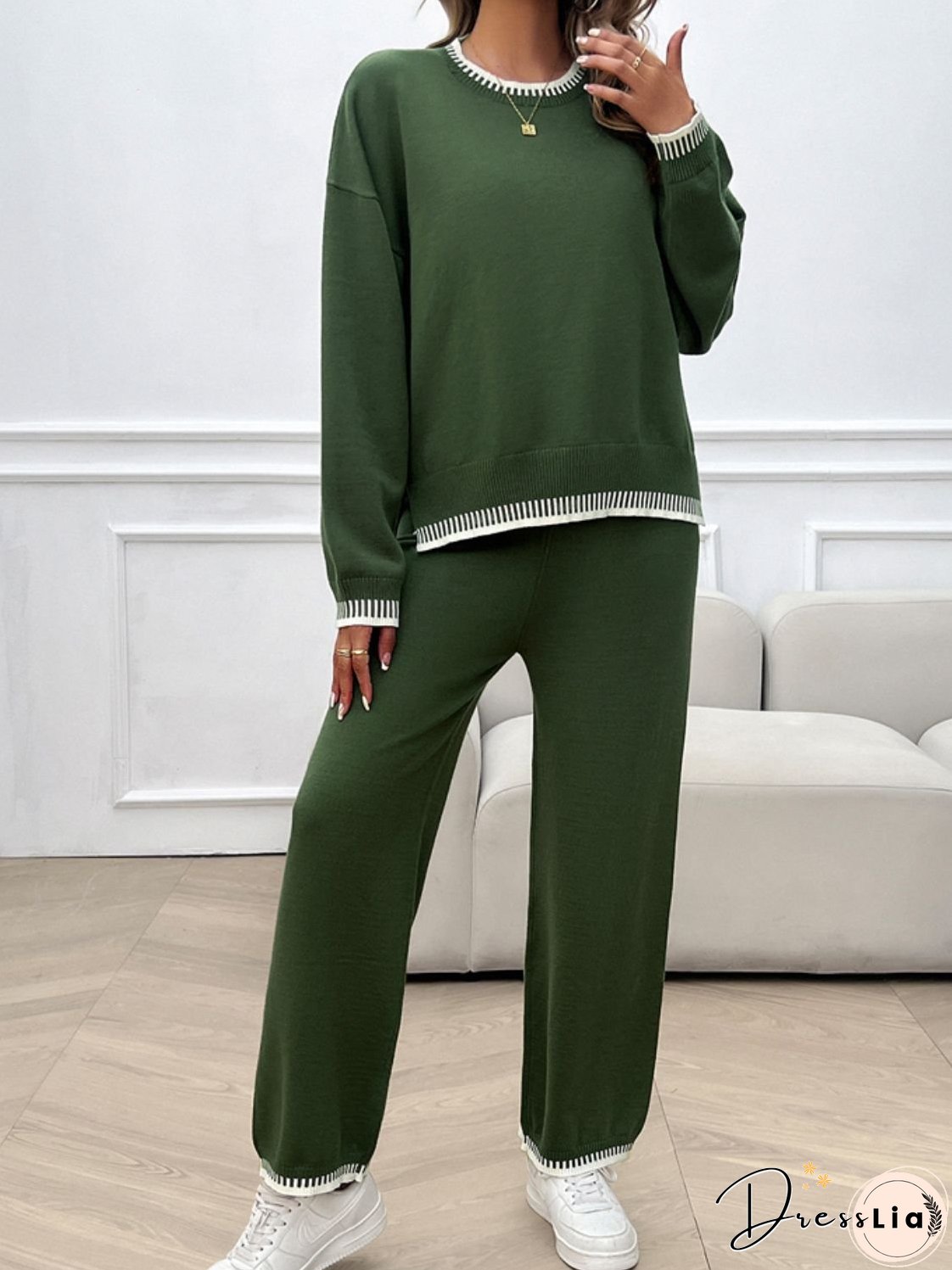 Round Neck Dropped Shoulder Top and Pants Sweater Set
