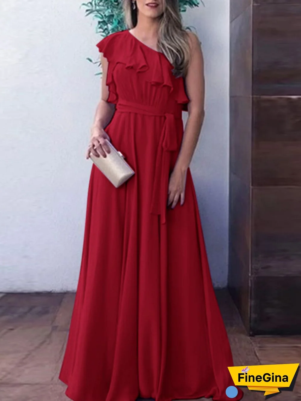 Asymmetrical One Shoulder Ruffle Belt Solid A-line Maxi Dress
