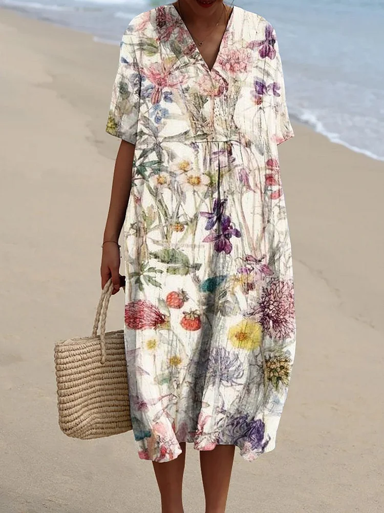 Women's Elegant Floral Print Pocket Linen Dress