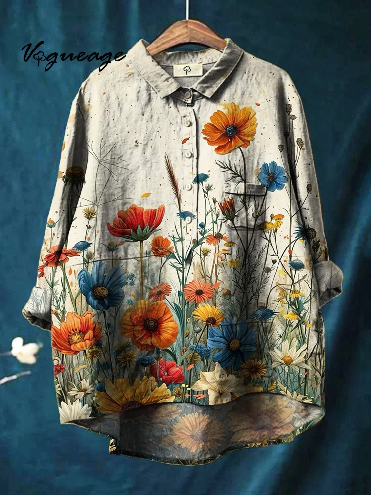 Simple Stylish And Elegant Flowers Printed Cotton And Linen Shirt