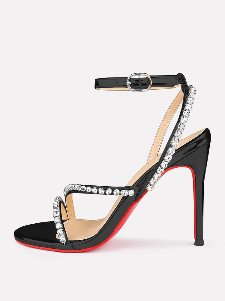 100mm Women's Open Toe Stiletto Red Bottom High Heels Ankle Strap Patent  Party  Banquet Elegance Shoes Rhinestone Spotlight Wavy Straps Sandals