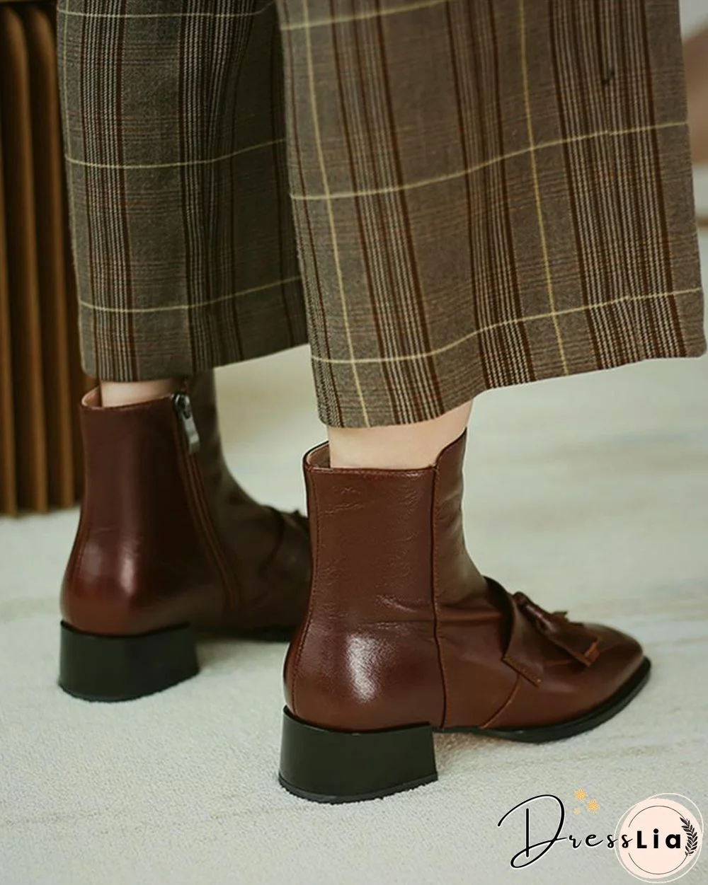 Solid Square-toe Tassel Low Heel Boots