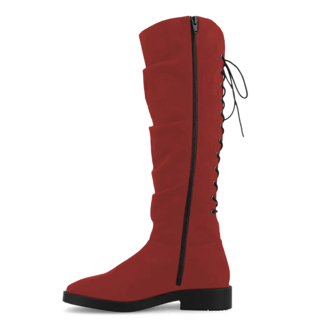 Women's Red Faux Suede Round Toe Side-Zip Lace-Up Knee-High Boots