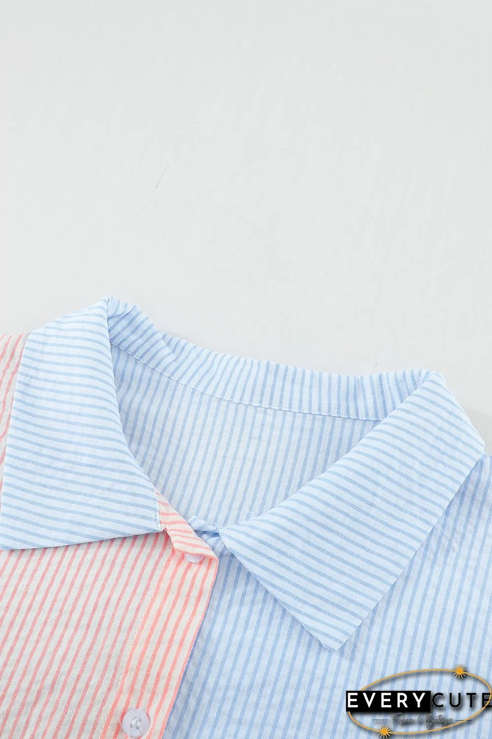 Pink Colorblock Ruffled Trim Pocket Striped Shirt