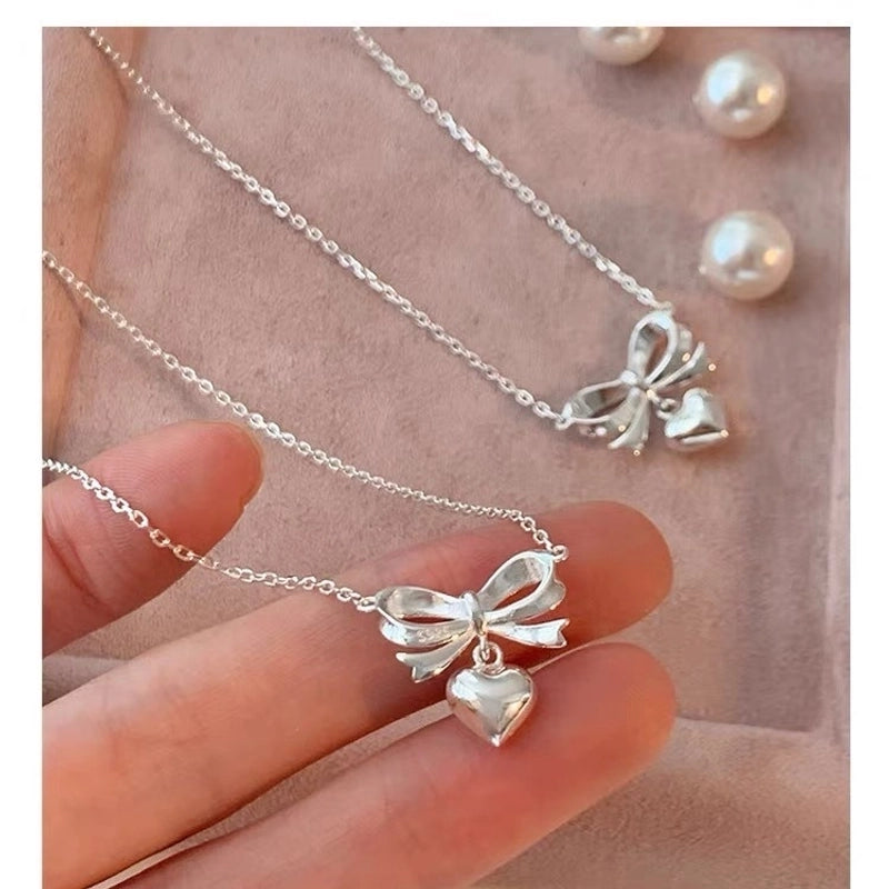 925 Sterling Silver Plating Bow Knot Pendant Necklace