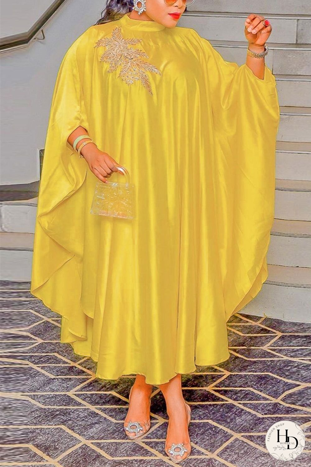 Yellow Casual Daily Solid Appliques Beading O Neck Long Dress Dresses