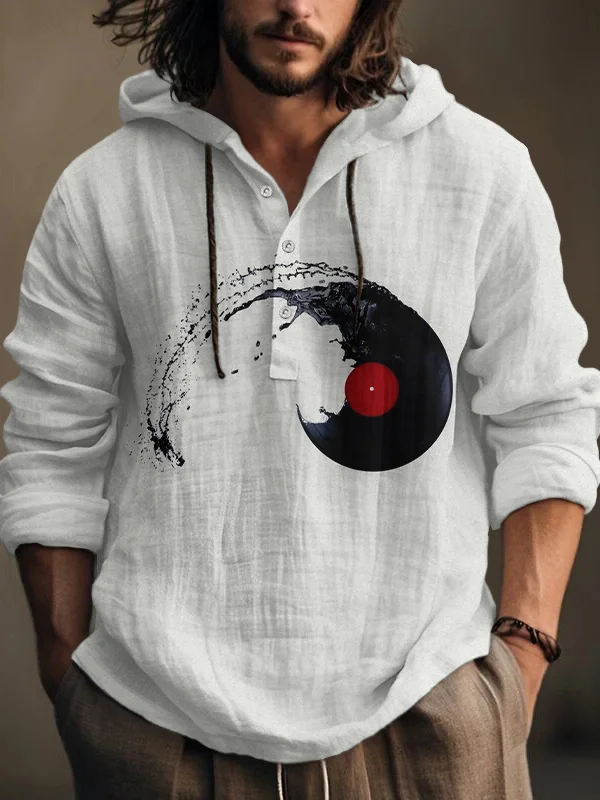 Men's Vinyl Records And Wave Art Print Hooded Shirt