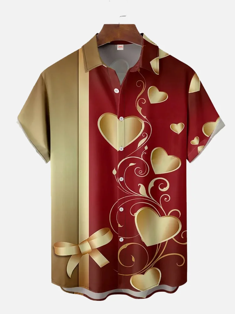 Valentine's Day Golden And Red Matching Ribbon And Heart Patterned Printing Short Sleeve Shirt