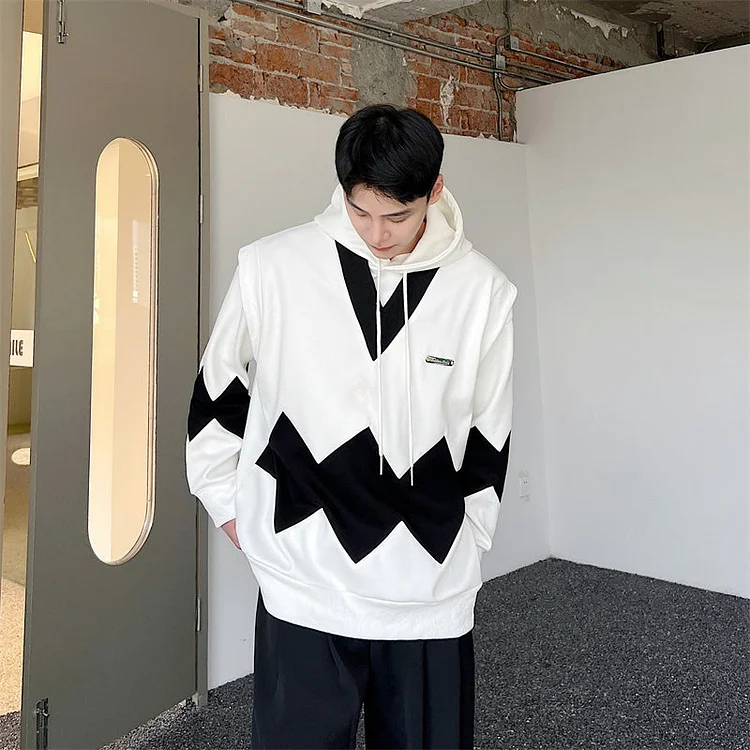 Stylish Black And White Contrast Fake Two Comfortable Trend Hooded Sweatshirt Jackets-dark style-men's clothing-halloween
