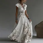 Women's Vintage Floral Pattern V Neck Short Sleeve Maxi Dress - Image 2