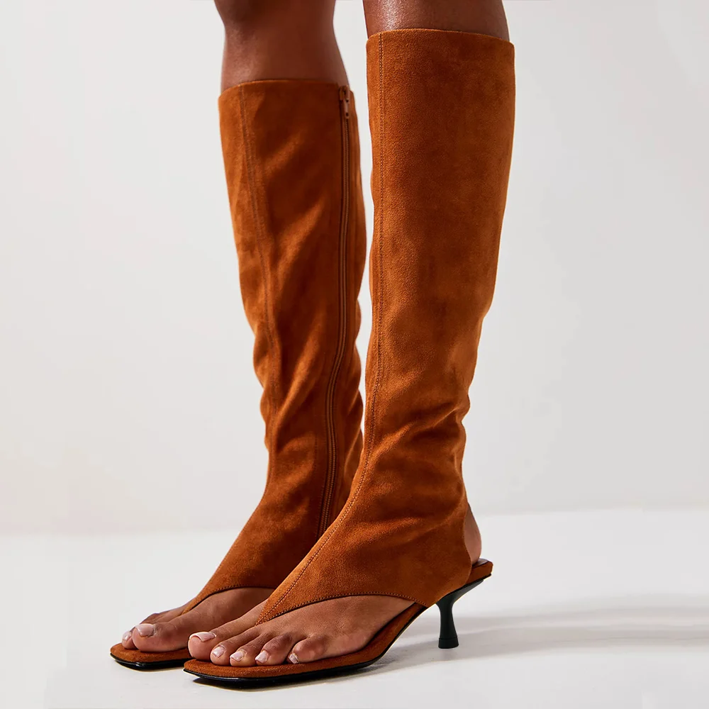 Brown Opened Toe Knee High Sandal Boots With Stiletto Heels Nicepairs