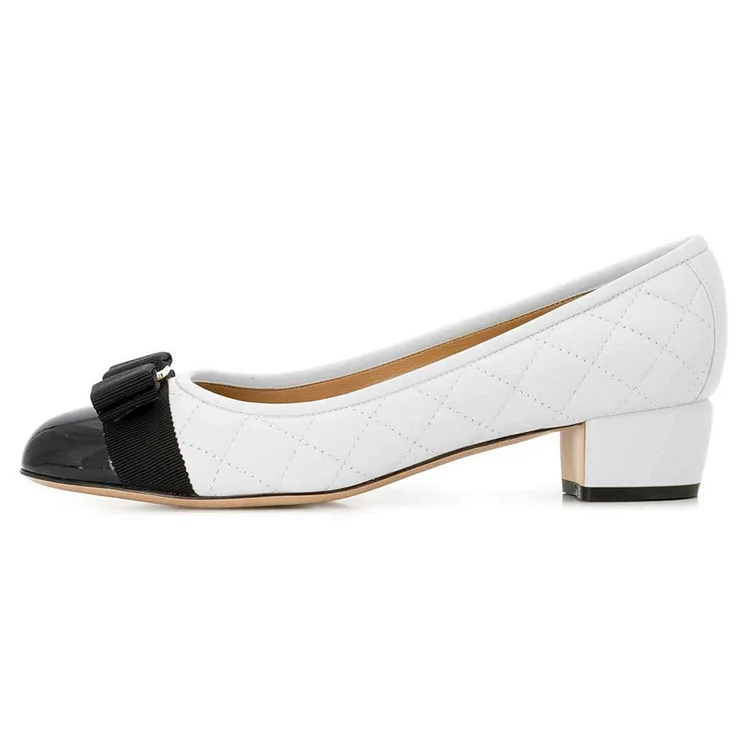 White and Black Bow Chunky Heel Pumps Office Heels |FSJ Shoes