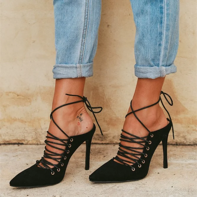 Black Suede Lace Up Heels Cross Over Stiletto Heel Pumps |FSJ Shoes