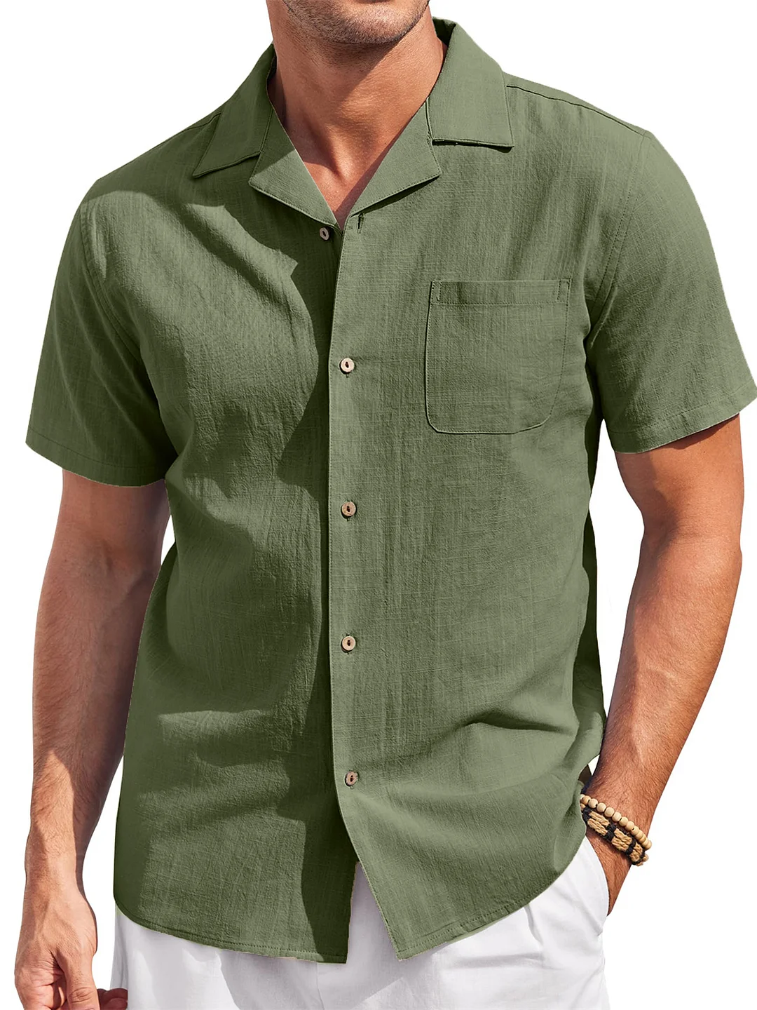 Suitmens Men's Cotton and Linen Cuban Collar Pocket Casual Short Sleeve Shirt